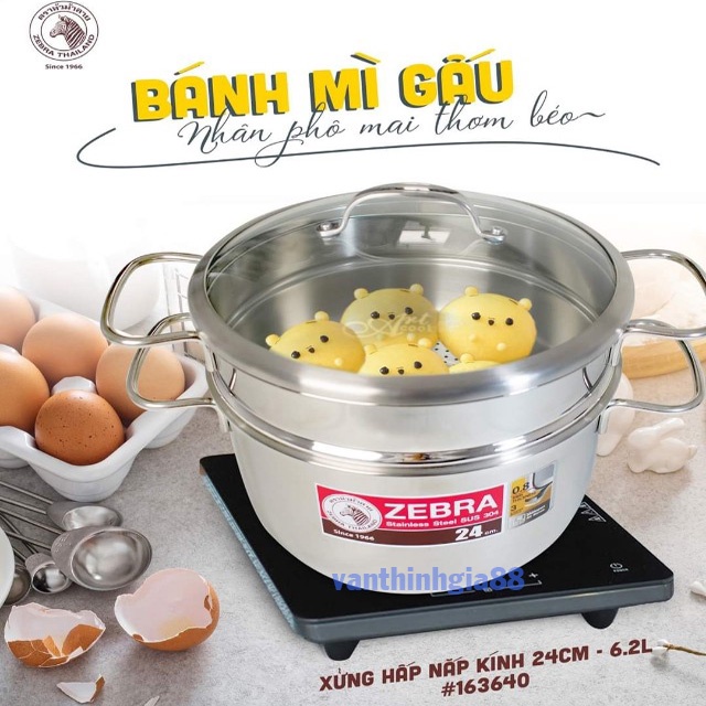 Nồi xửng hấp 3 đáy đa năng Inox Zebra Thái Lan nắp kiếng sử dụng bếp từ 24cm 6,2 lít 163640