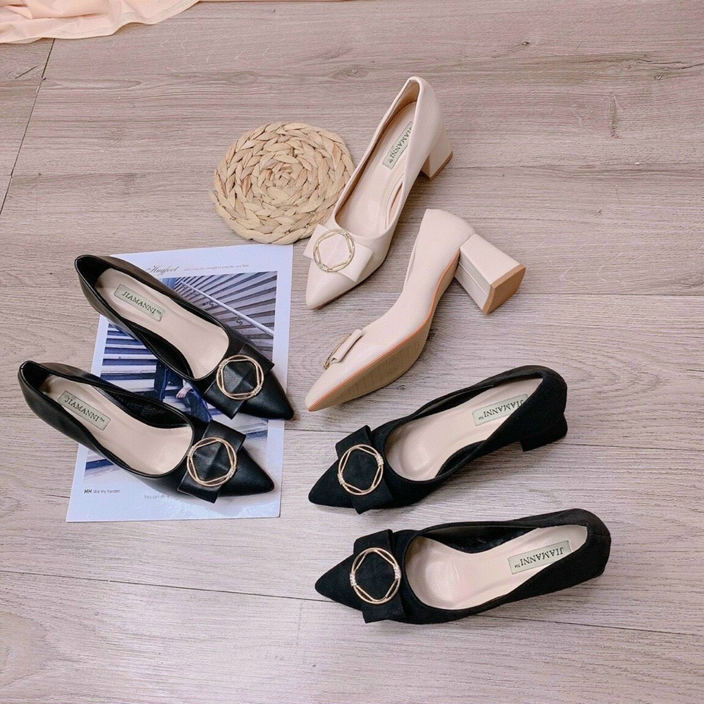 Giày cao gót da mịn khuy nơ tròn gót trụ - 5P