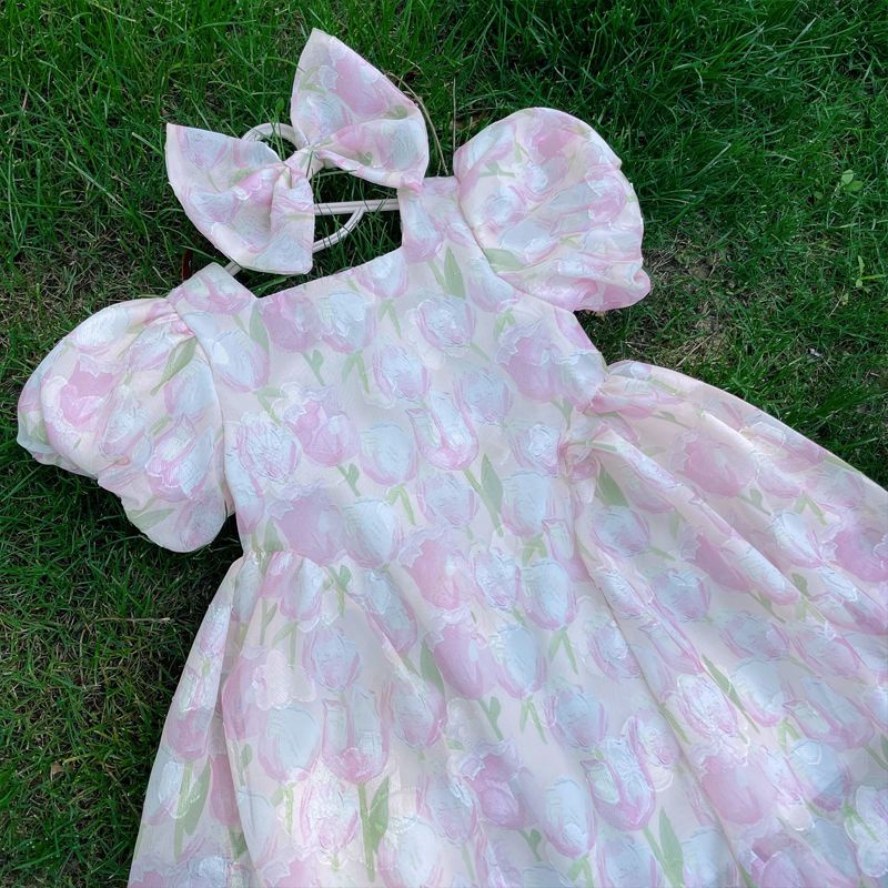 Đầm Công Chúa Mùa Hè Tay Cộc In Họa Tiết Hoa Hợp Thời Trang Phong Cách Hàn Quốc Cho Bé Gái