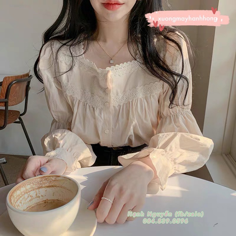 Áo sơ mi trắng ulzzang cổ vuông bánh bèo, áo kiểu tay bồng vintage cực xinh