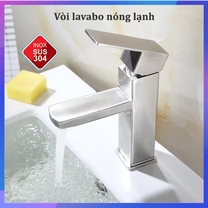 Vòi Lavabo nóng lạnh inox 304 mờ (kiểu vuông) cao 20cm tay gật gù