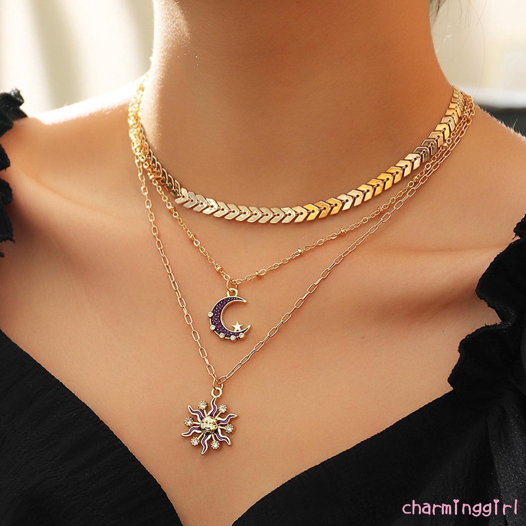Dây chuyền hai lớp mặt hình mặt trăng / mặt trờI đính đá zircon