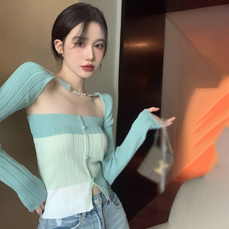 Bộ Áo Ống Màu Tương Phản + Khăn Choàng Lụa Dệt Kim Thời Trang Hàn Quốc Cho Nữ