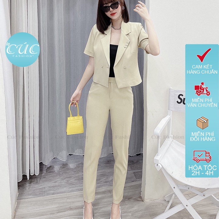 Bộ vest nữ CÚC FASHION bộ đồ thời trang Hàn Quốc áo croptop đẹp mic quần baggy đen trắng set vest cổ 3 cúc SV101