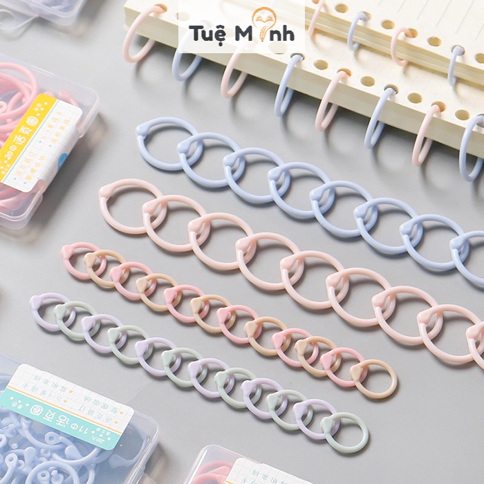 Hộp khoen móc tròn nhựa K52 set 12-20 khoen sổ còng binder màu pastel làm còng sổ VPP Tuệ Minh, tập ghi chú tiện lợi