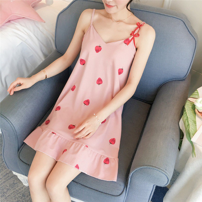 Đầm ngủ pijama nữ cổ chữ V in hình trái cây gợi cảm kèm bịt mắt ngủ tiện lợi