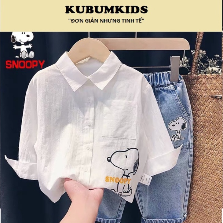 TẾT 2024: Bộ quần áo, Sét ÁO SƠ MI ĐŨI CARA + QUẦN BÒ, JEAN CARTER'S in chó SNOOPY dài bé trai 12-26kg