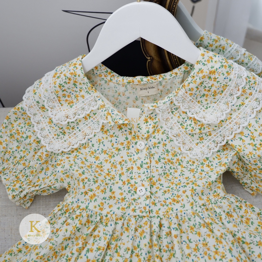Váy cotton bé gái KIWY KIDS dáng xòe công chúa, cổ 2 lớp viền ren Kidsh2183 cho bé từ 10-25kg