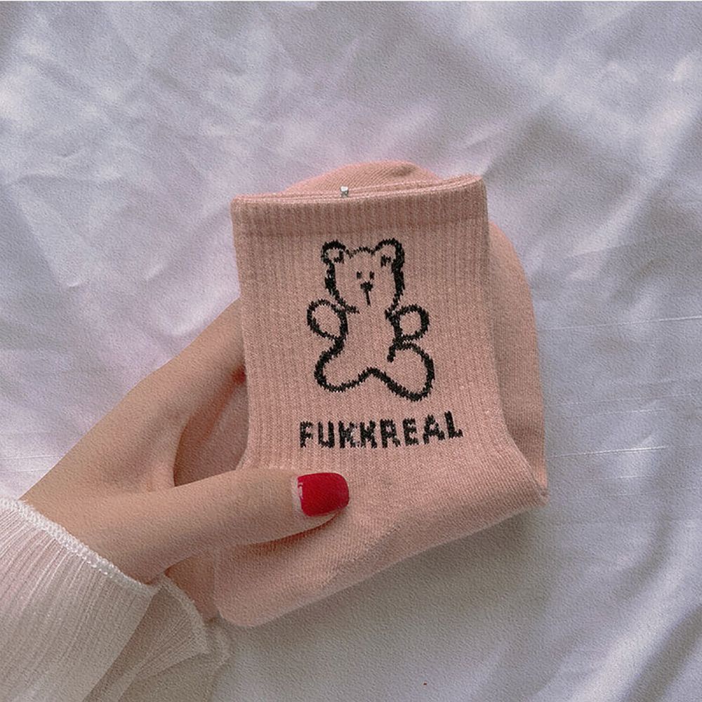 Vớ cổ trung co giãn họa tiết gấu dễ thương phong cách Harajuku Hàn Quốc cho nữ