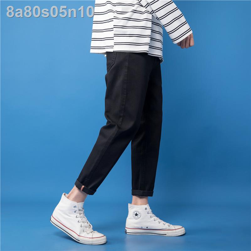 (Mới về)Mùa hè quần jean nam ống nhỏ mỏng phù hợp với thu thời trang màu đen chín điểm âu tất kết kéo dài 9