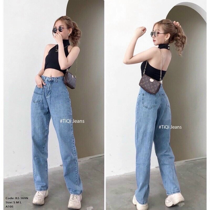 Quần baggy jean nữ ống rộng dáng suông cao cấp lưng cao rách gối cá tính MSTQ136