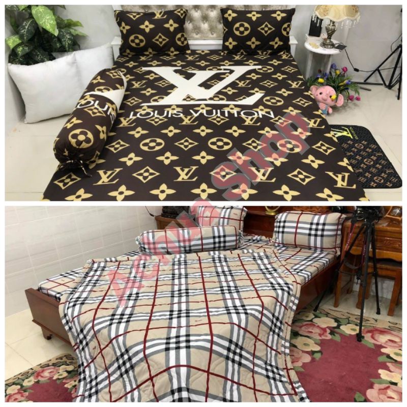 BỘ 4 MÓN DRAP GA THUN LẠNH HÀN  LV/BURBERRY MÁT LẠNH MỀM MƯỚT SANG TRỌNG
