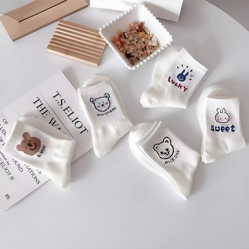 Tất gấu cổ cao họa tiết đáng yêu, Set 5 đôi tất gấu chất cotton dày dặn giá siêu rẻ mã Jinx T14