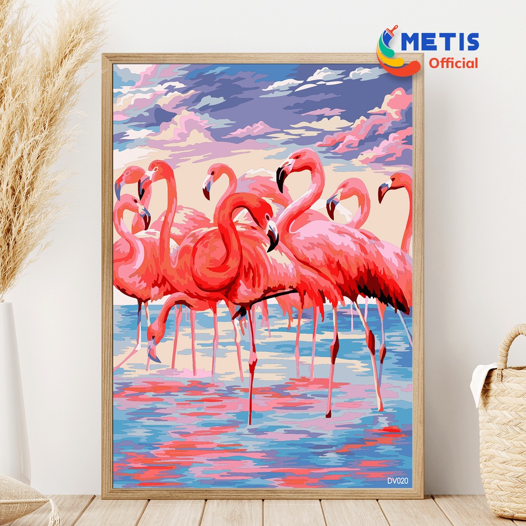 Tranh Số Hoá METIS OFFICIAL Đã Căng Khung Sẵn Tranh Tô Màu Theo Số Động Vật Chim Hồng Hạc DV020