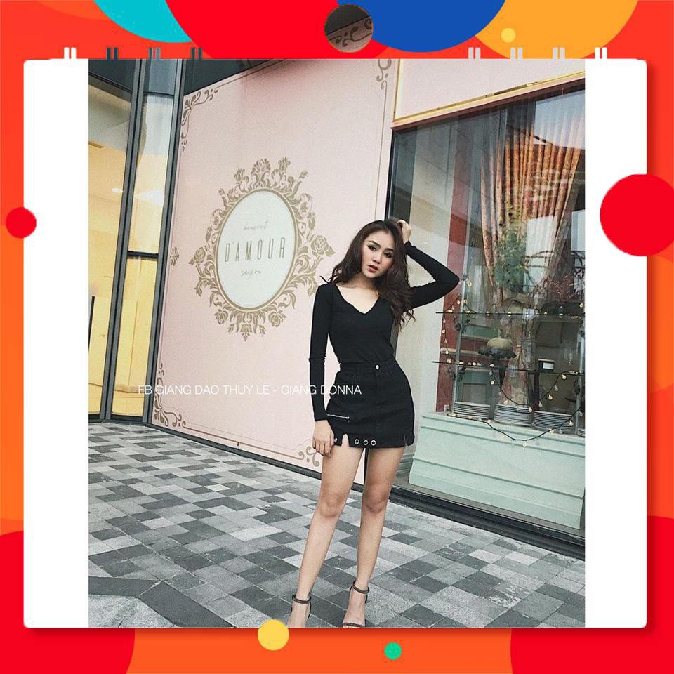  12C12 Chân váy kaki ngắn phối dây kéo viền lỗ cá tính sexy Ulzzang, đủ size S M L