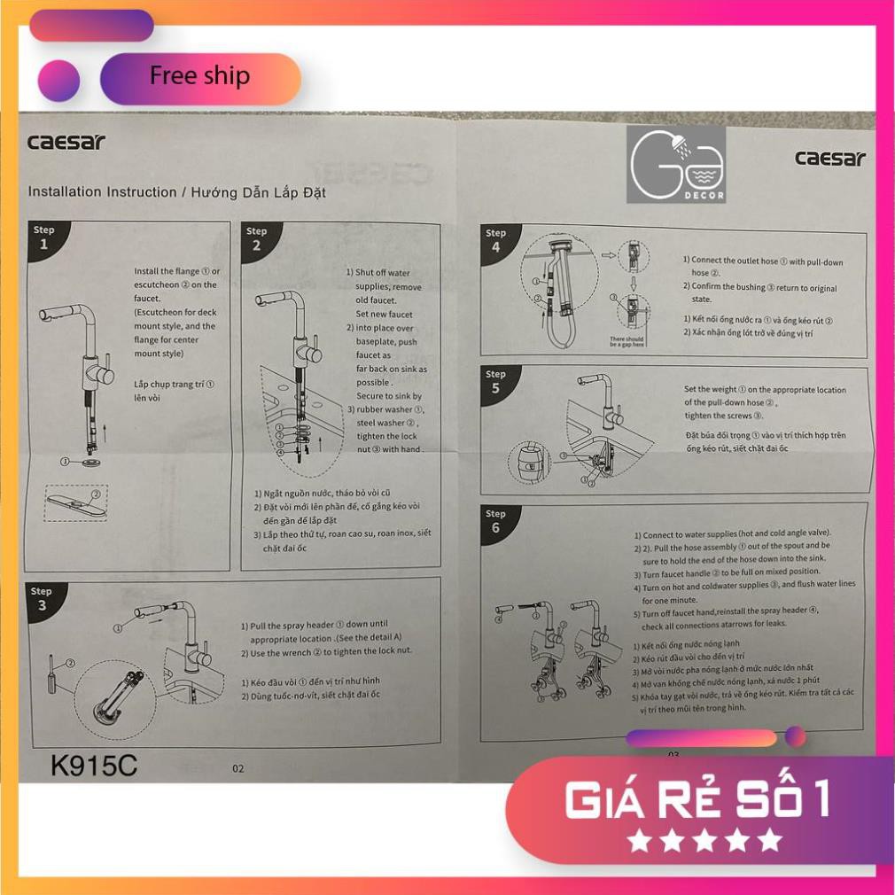 VÒI BẾP NÓNG LẠNH RÚT DÂY, VÒI RỬA CHÉN BÁT RÚT DÂY NÓNG LẠNH CAESAR K915C CHÍNH HÃNG