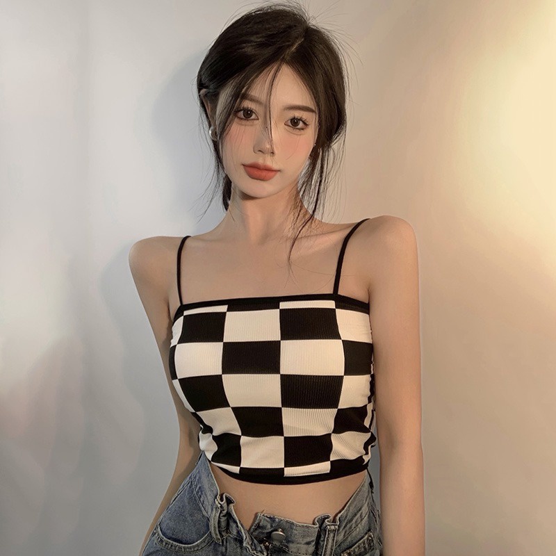 Áo Croptop Hai Dây Họa Tiết Kẻ Ô Có Mút Đệm Ngực Siêu Nhẹ Thời Trang Mùa Hè Quyến Rũ Cho Nữ