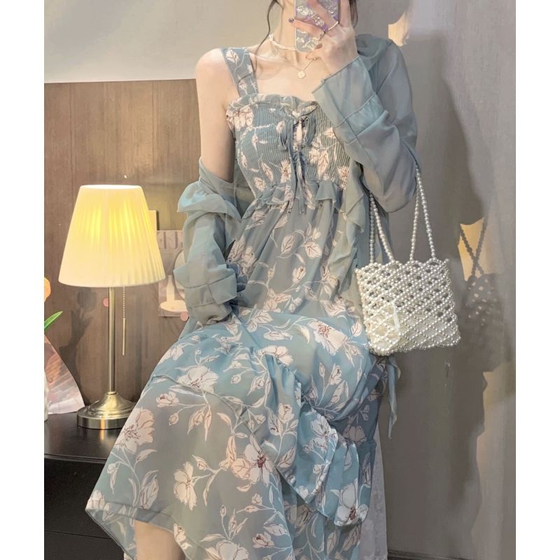 Bộ Đầm Hai Dây Dài Qua Gối Nhún Bèo + Áo Khoác Cardigan Chống Nắng Thời Trang Hàng Mới 2022