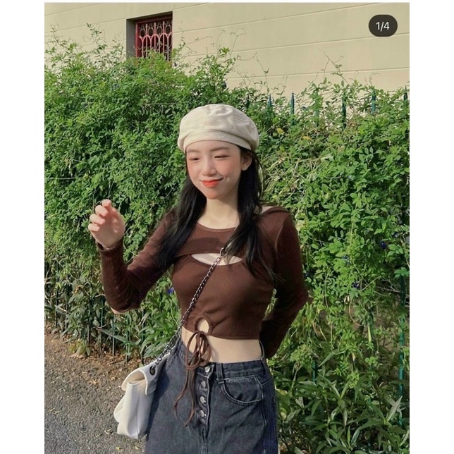 Set 2 Món Croptop Áo Dây Rút Eo Mặc 2 kiểu Kèm Áo Úp Ngược Tay Dài