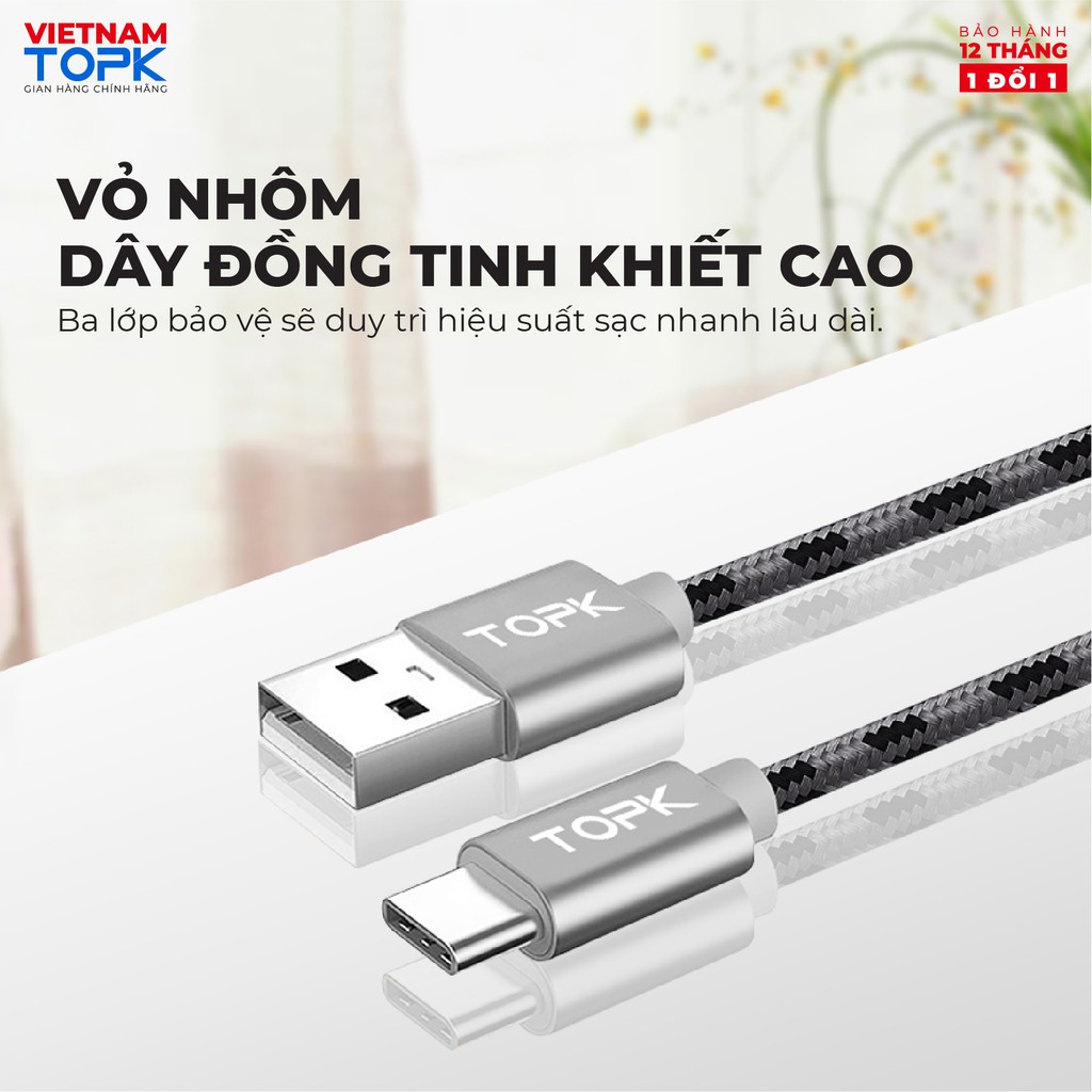 Dây sạc nhanh 3A TOPK AN09 vỏ bện nylon dài 1m - Hàng chính hãng Bảo hành 12 tháng 1 đổi 1