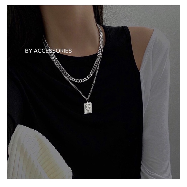 Set dây chuyền titan 2 tầng mặt chữ nhật Little boy không gỉ