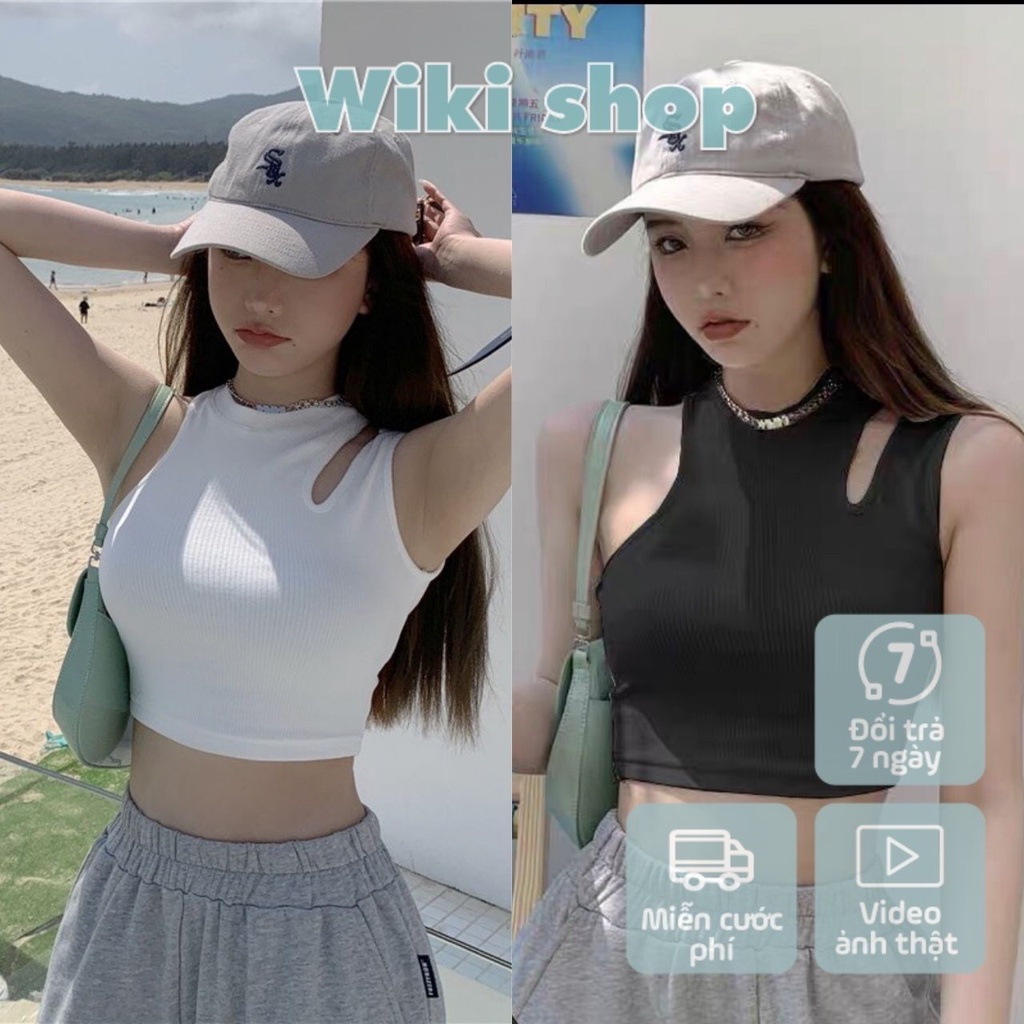 Áo thun croptop nữ ba lỗ khoét vai đen trắng Wikishop freesize phom ôm hở eo sexy hàn quốc cổ tròn sát nách C821