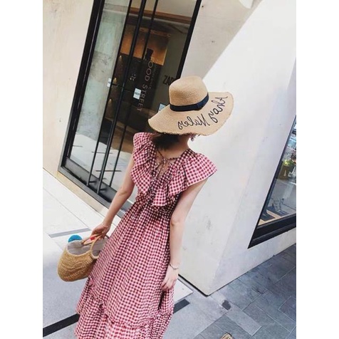 Váy maxi bèo vai kẻ ô nhỏ JIK