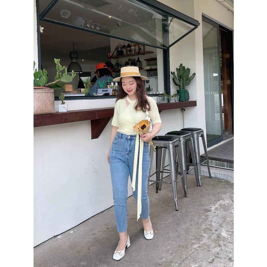 Quần jean rách 9 tấc Bigsize lưng cao, rách nhẹ, màu xanh bạc, co dãn mạnh 4 chiều 4086