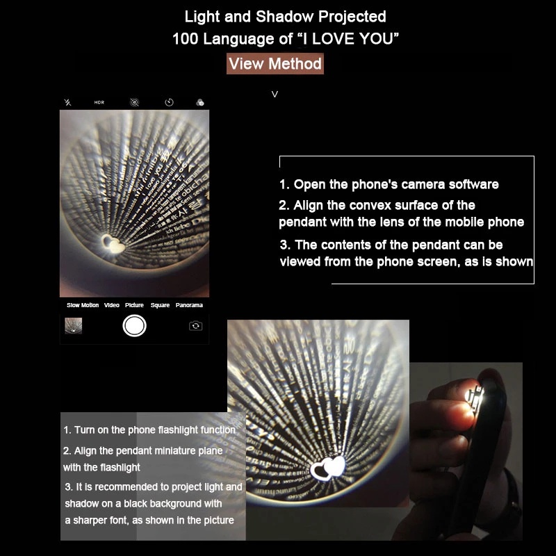 [100 ngôn ngữ] Trái tim / Vòng cổ &quot;I Love You&quot; Chiếu mặt dây chuyền / Tình yêu lãng mạn lưu giữ cho ngày cưới / Quà tặng ngày lễ tình nhân của mẹ