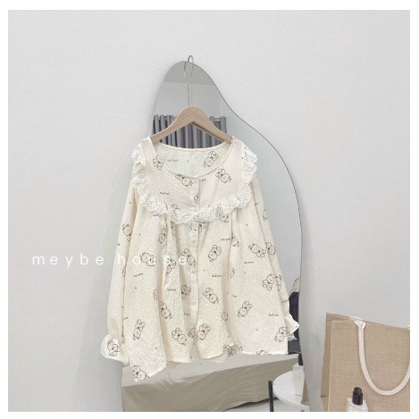 Bộ Pijama pha ren ngực cho mẹ mặc sau sinh_đồ bộ bầu cho con bú Chất liệu đũi xốp dày dặn cho mùa thu đông