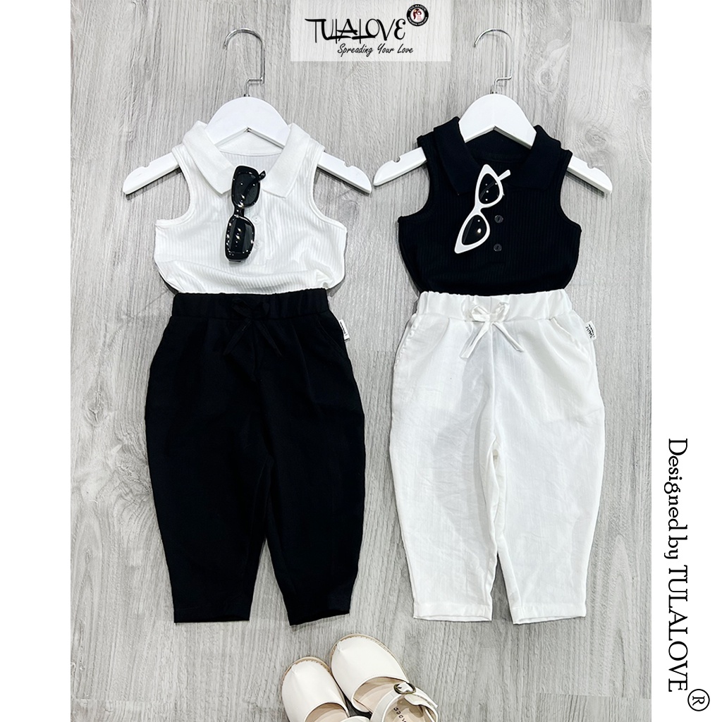 Áo Polo Bé Gái Sát Nách Màu Đơn Sắc, Quần Dài Bé Gái Dáng Baggy Phối Set Cực Yêu, Set Bé Gái Tulalove