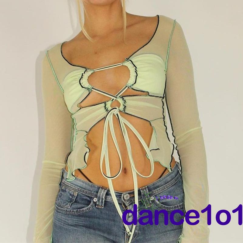 ♧Rd♥Áo Crop Top Tay Dài Khoét Lỗ Thời Trang Dành Cho Nữ