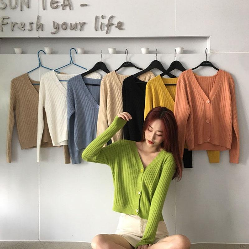 Áo Cardigan Dệt Kim Tay Dài Cổ Chữ V Màu Trơn Phong Cách Hàn Quốc Thanh Lịch