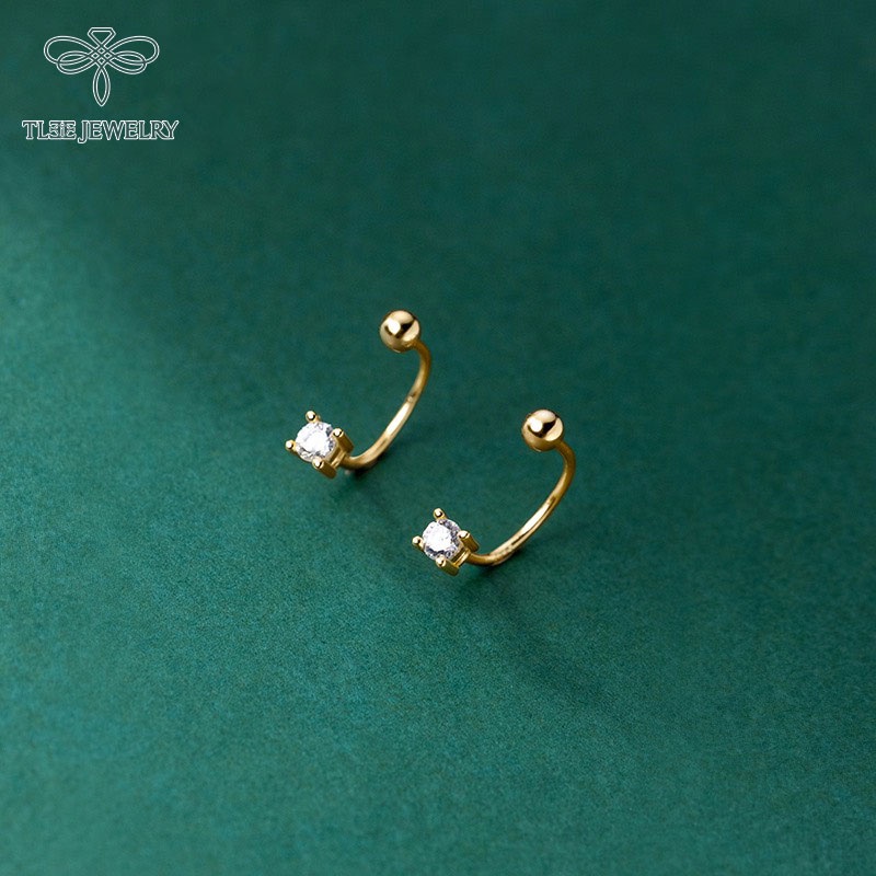 Khuyên tai bạc nữ TLEE mẫu nụ đá cong chốt bi vặn cá tính TleeJewelry B0252