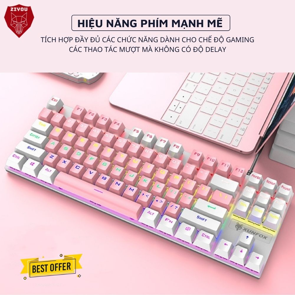 Bàn Phím CƠ Game Ziyou K80 Led 20 Chế Độ Nháy, Phím Cơ Blue Switch Cao Cấp, 87 Keys Tương Thích Mọi Máy Tính, Laptop, PC