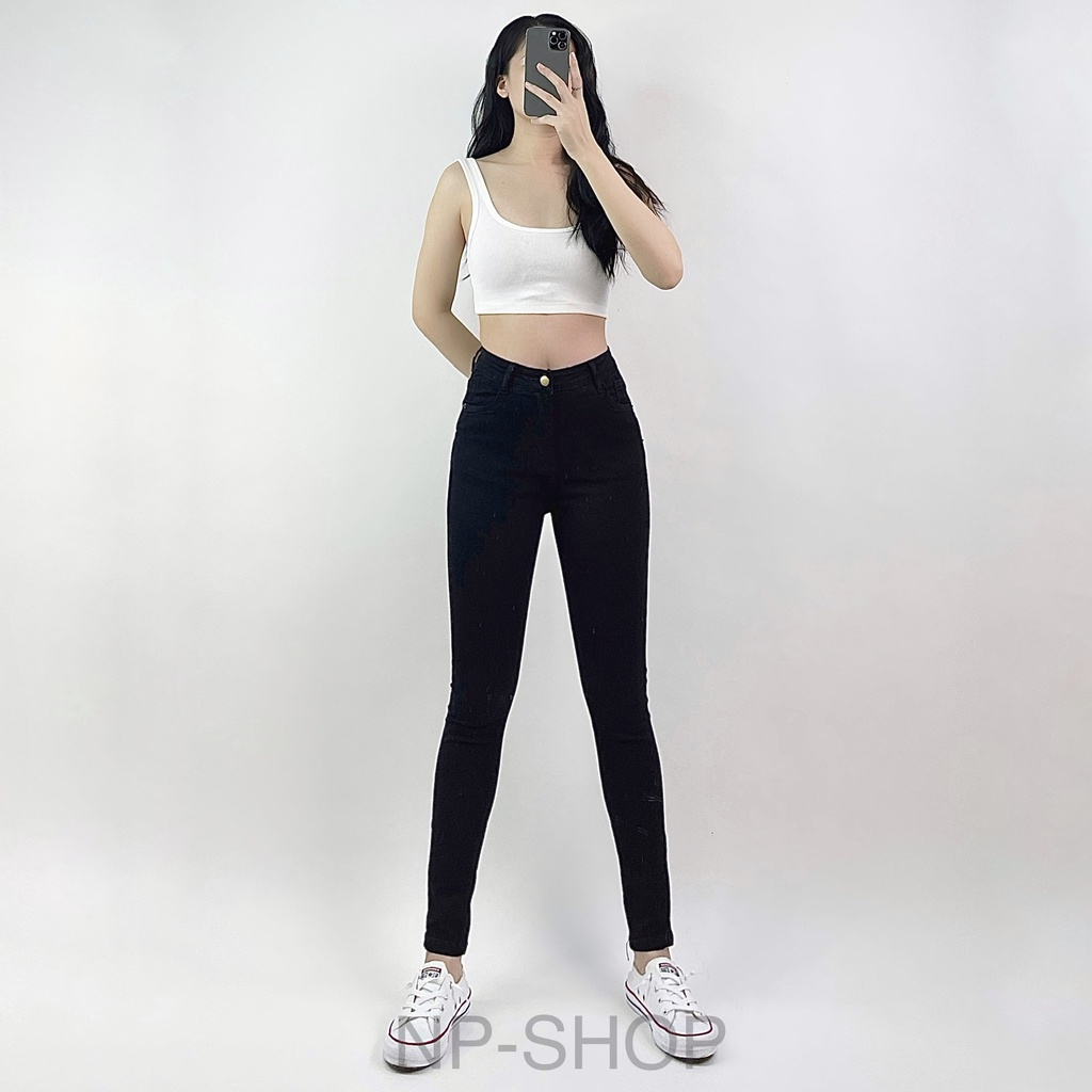 Quần jean nữ lưng cao màu Đen bigisze NPSHOP, quần bò ôm cạp cao co giãn skinny jeans basic