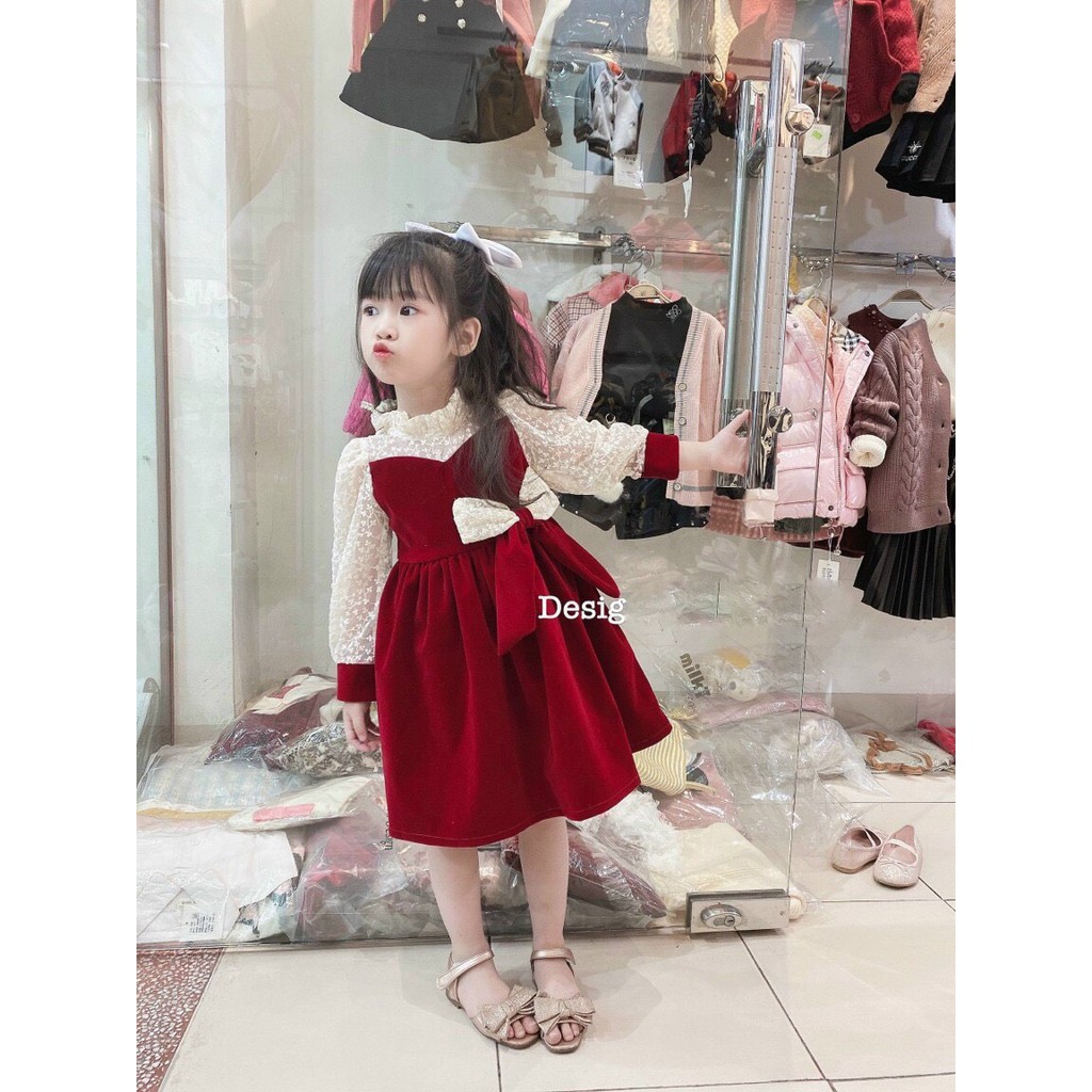 Váy Nhung Đỏ Voan Hoa Nhí Phối Nơ Cực Xinh Cho Bé Gái V240 - Unchi store