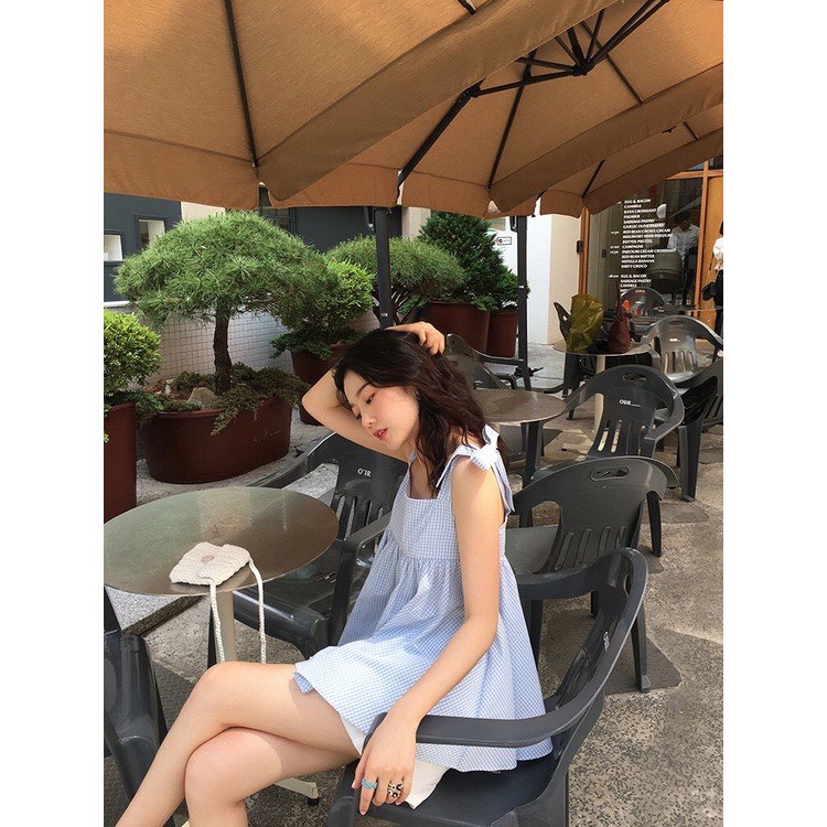 Set Áo Babydoll 2 Dây Kẻ Xanh Xốp Kèm Quần Sooc Trắng