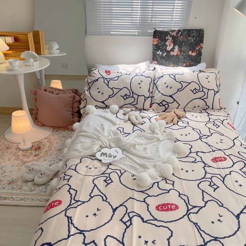 Bộ ga gối Cotton Poly hoạ tiết gấu bear thỏ stella kẻ đen MÂY BEDDING