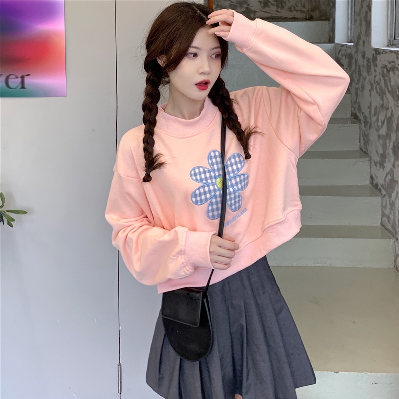 Áo sweater SUXI thể thao tay dài dáng rộng họa tiết hoa xinh xắn dễ phối đồ cho nữ