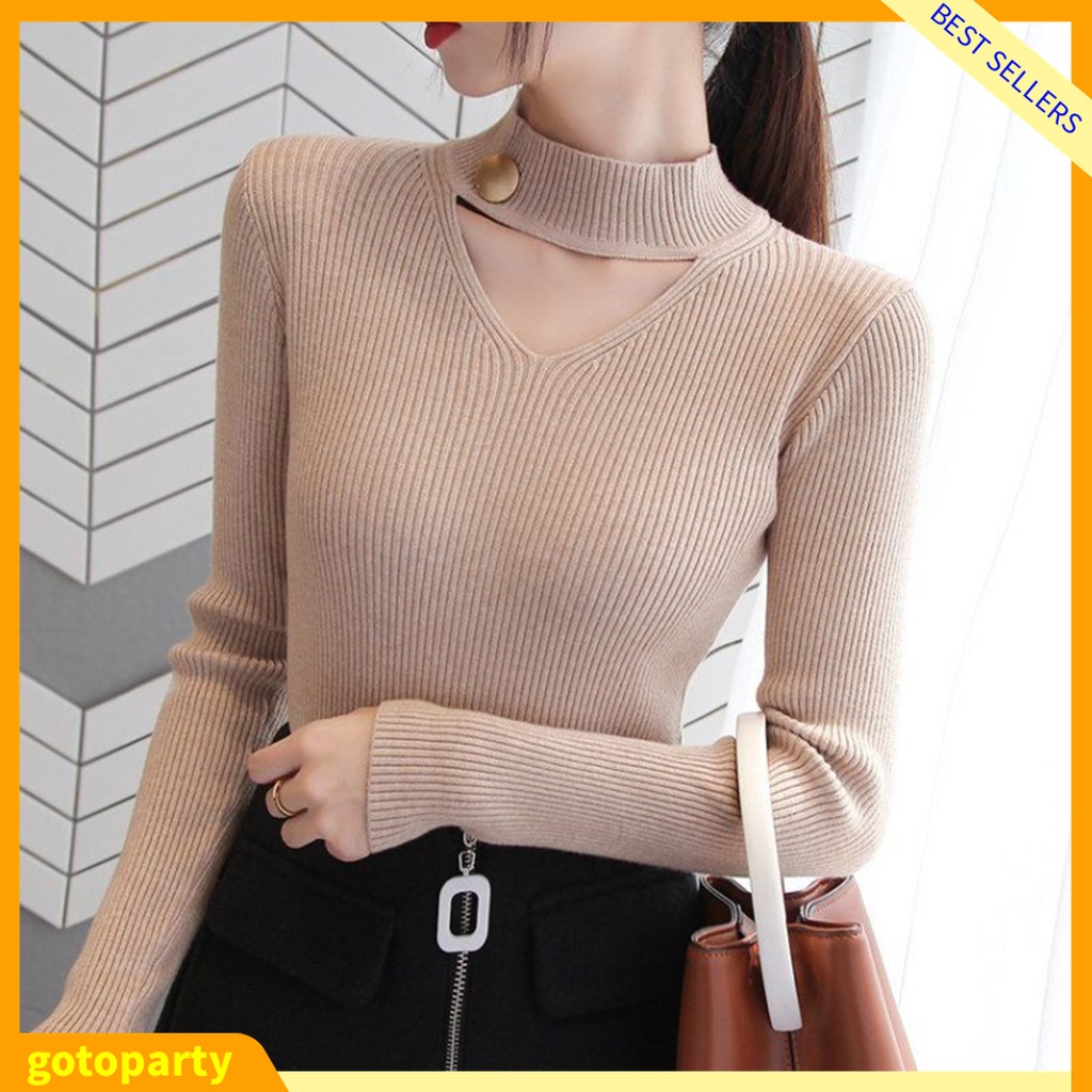 Áo dệt kim tay dài dáng ôm cài nút phối vòng cổ choker thời trang cho nữ