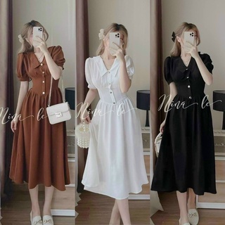 Đầm váy nữ xoè nút tay phồng siêu xinh đẹp tiểu thư