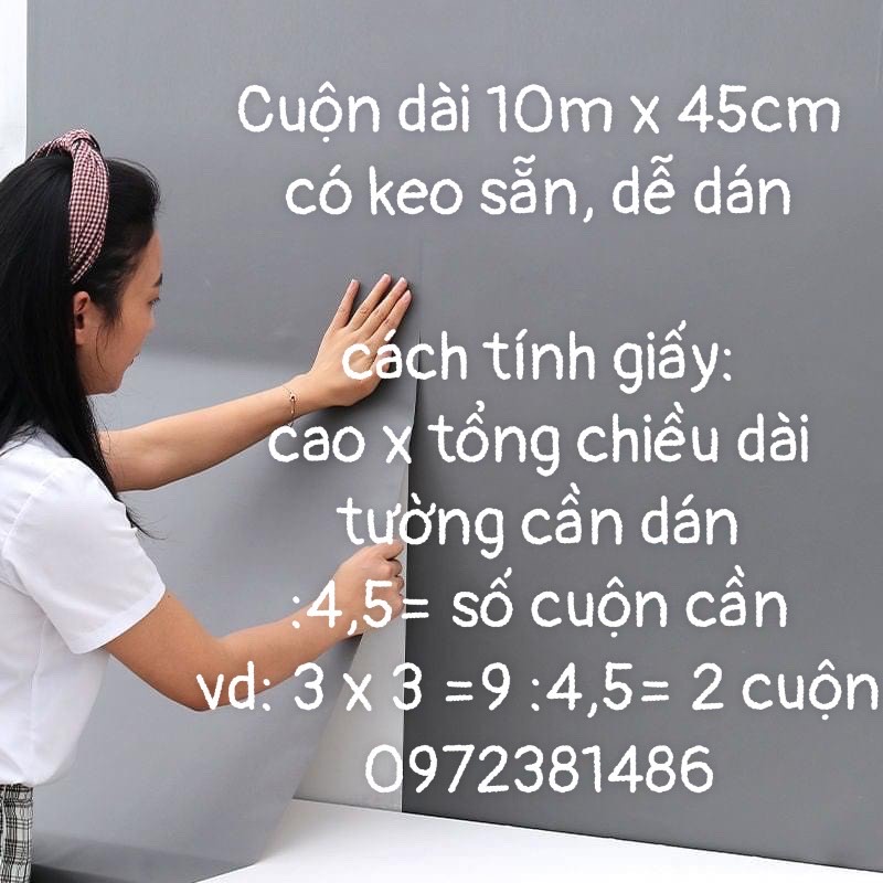 Giấy dán tường phòng ngủ màu trơn nhám dài 10M x 45cm có keo sẵn bóc dán, bề mặt chống thấm nước