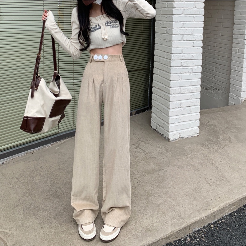 QADCOL Quần Nhung Dài Ống Rộng Lưng Cao Màu Sắc Đơn Giản Thời Trang Hàn Quốc