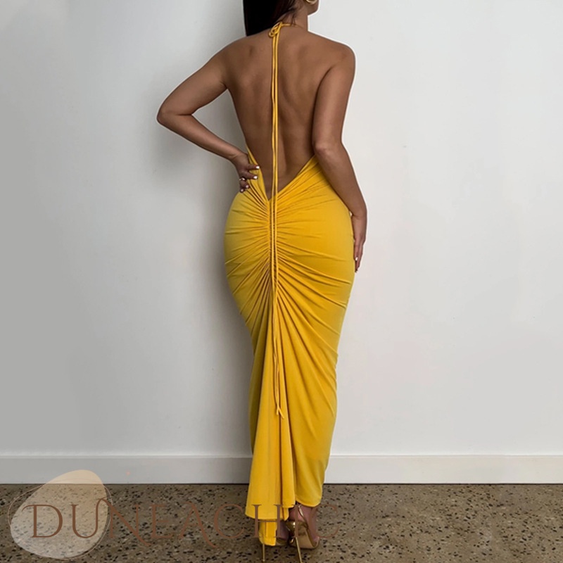 Đầm dự tiệc DUNEA sát nách màu trơn hở lưng phối dây rút gợi cảm cho nữ