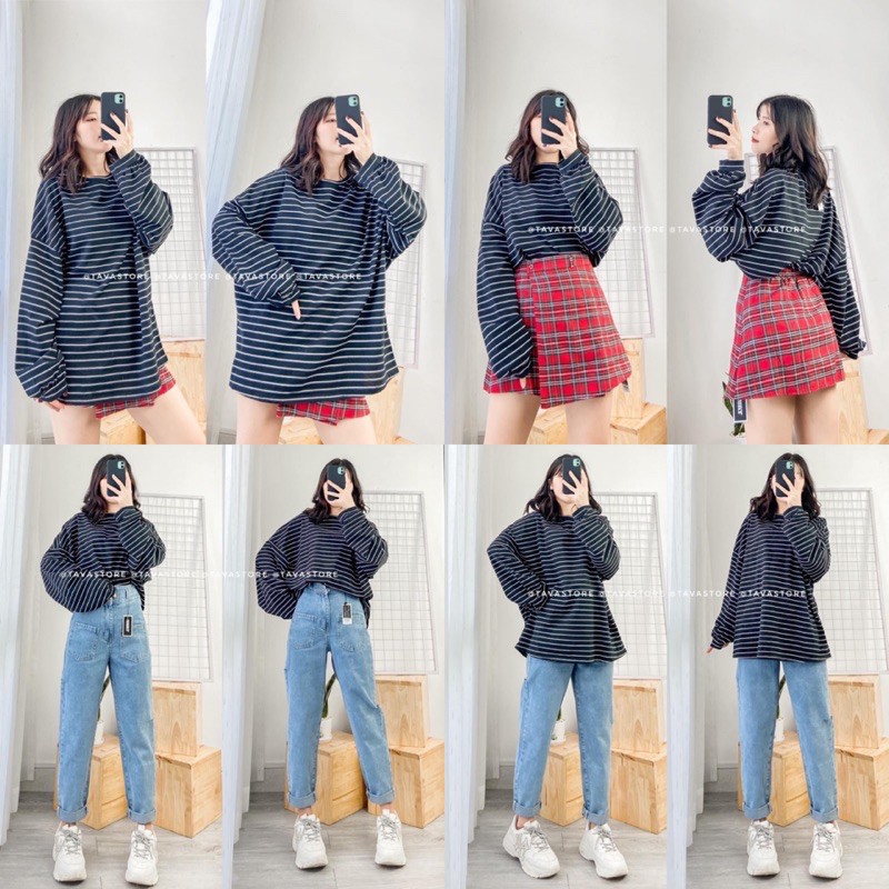 Áo phông POCA SHIRT tay dài from rộng chất vải cotton mát - áo thun kẻ from oversize