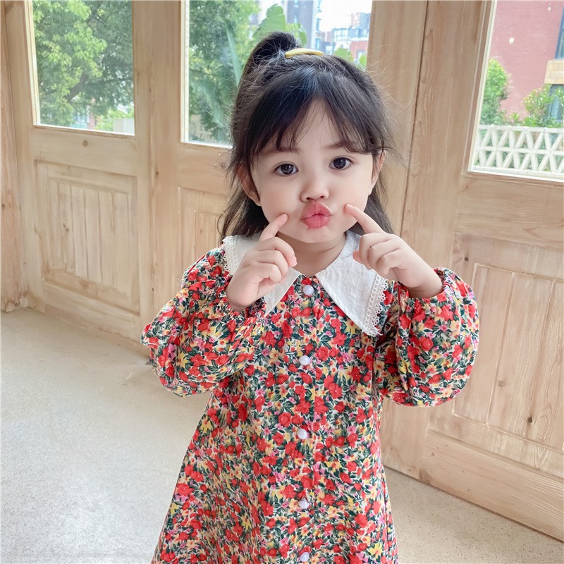 Váy hoa đỏ cổ ren bèo - Hàng Quảng Châu Cao Cấp