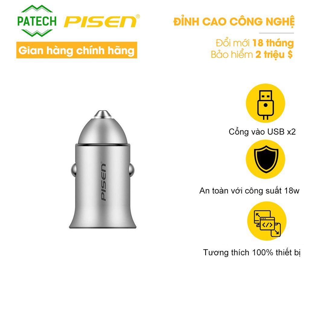 Sạc PISEN Quik Dual USB Car 18W (2xQC 18W) - (TP-C02LXF ) - Hàng chính hãng