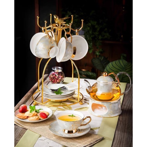 Ấm Chén Giữ Nhiệt Sứ Xương Cao Cấp Kèm Hộp. Bình Pha Bếp Đun Giữ Nhiệt Màu Vân Đá Cao Cấp. Ấm Pha Trà Có Bếp Đun