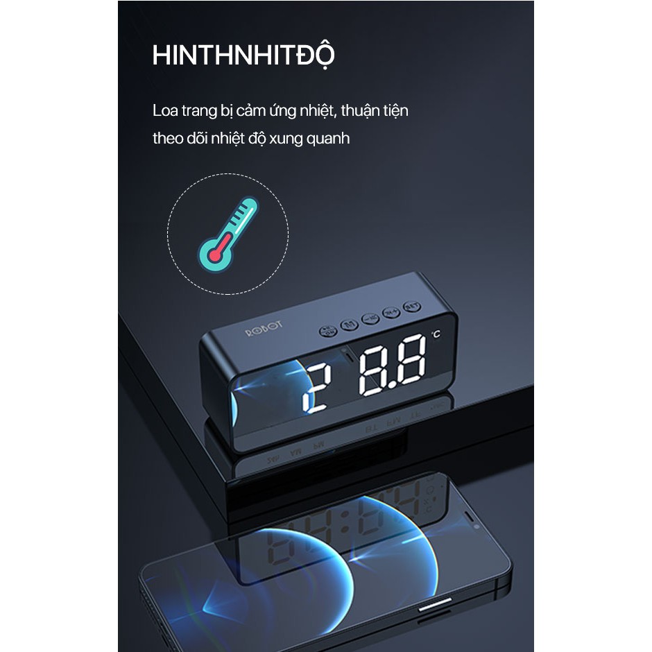 Loa Bluetooth 5.0 ROBOT RB150 Màn Hình LED Kiêm Đồng Hồ Báo Thức, hiển thị Nhiệt độ - Hỗ Trợ  nghe FM, Thẻ Nhớ